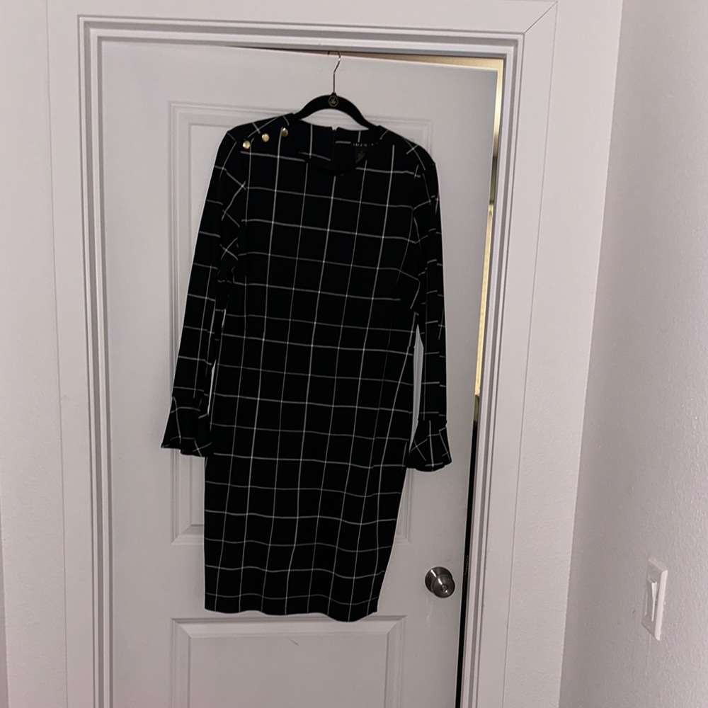 IMAN Global Chic Touch of Gold Power Ponte Bell-Sleeve Dress Windowpane Size XL - Picture 4 of 10